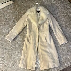 Bebe 100% wool coat with faux fur trim in cream color